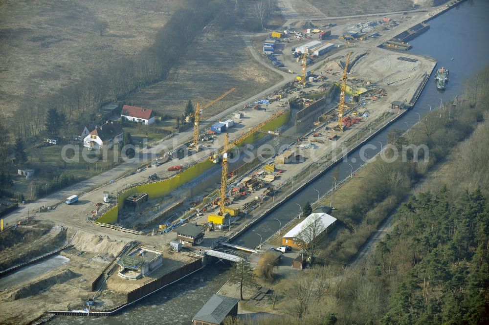 Wusterwitz from the bird's eye view: Blick auf die Erweiterungsbaustelle der Schleuse Wusterwitz. Ein Projekt des WSV: Wasserstraßen-Neubauamt Magdeburg, View of the construction site of the expansion lock Wusterwitz.