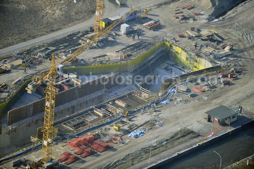 Aerial photograph Wusterwitz - Blick auf die Erweiterungsbaustelle der Schleuse Wusterwitz. Ein Projekt des WSV: Wasserstraßen-Neubauamt Magdeburg, View of the construction site of the expansion lock Wusterwitz.