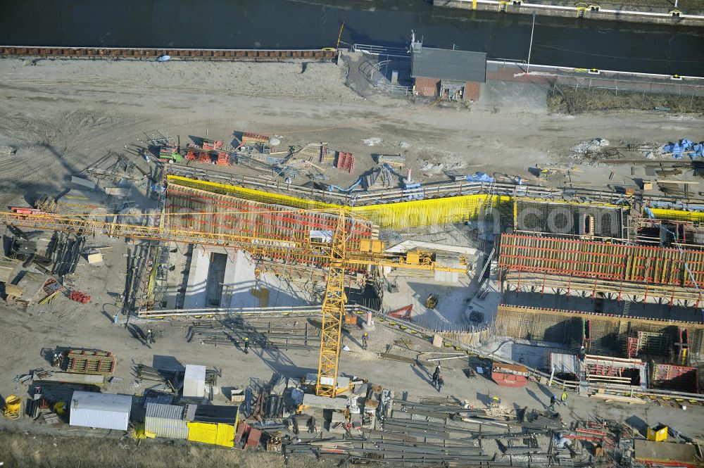 Aerial photograph Wusterwitz - Blick auf die Erweiterungsbaustelle der Schleuse Wusterwitz. Ein Projekt des WSV: Wasserstraßen-Neubauamt Magdeburg, View of the construction site of the expansion lock Wusterwitz.