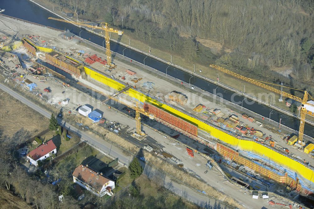 Wusterwitz from the bird's eye view: Blick auf die Erweiterungsbaustelle der Schleuse Wusterwitz. Ein Projekt des WSV: Wasserstraßen-Neubauamt Magdeburg, View of the construction site of the expansion lock Wusterwitz.