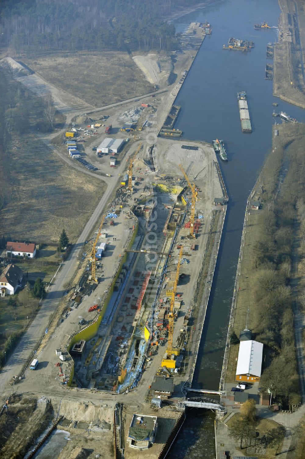 Aerial image Wusterwitz - Blick auf die Erweiterungsbaustelle der Schleuse Wusterwitz. Ein Projekt des WSV: Wasserstraßen-Neubauamt Magdeburg, View of the construction site of the expansion lock Wusterwitz.