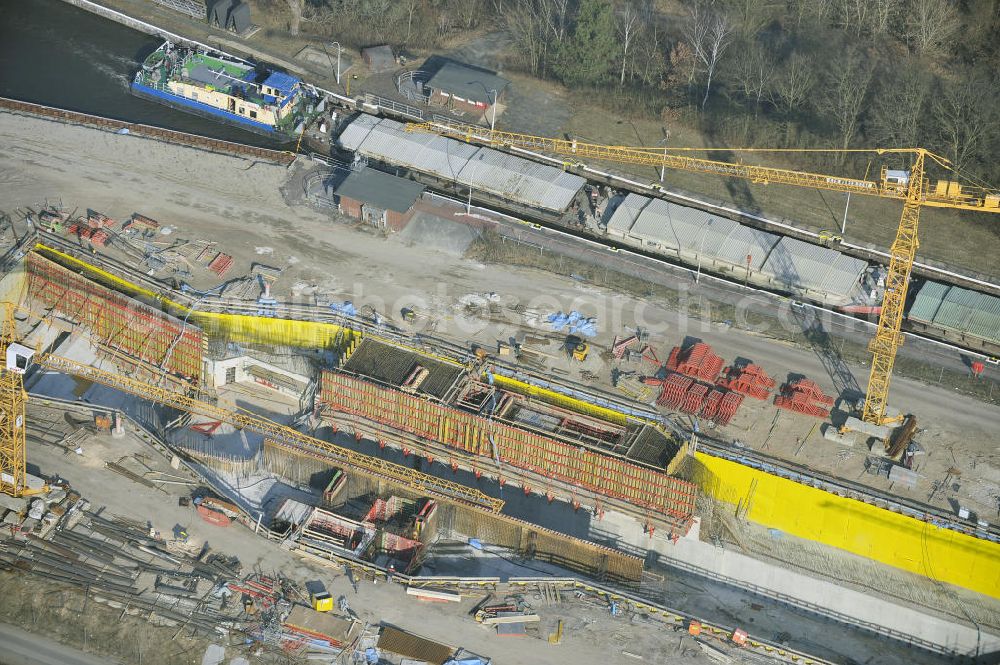 Aerial photograph Wusterwitz - Blick auf die Erweiterungsbaustelle der Schleuse Wusterwitz. Ein Projekt des WSV: Wasserstraßen-Neubauamt Magdeburg, View of the construction site of the expansion lock Wusterwitz.