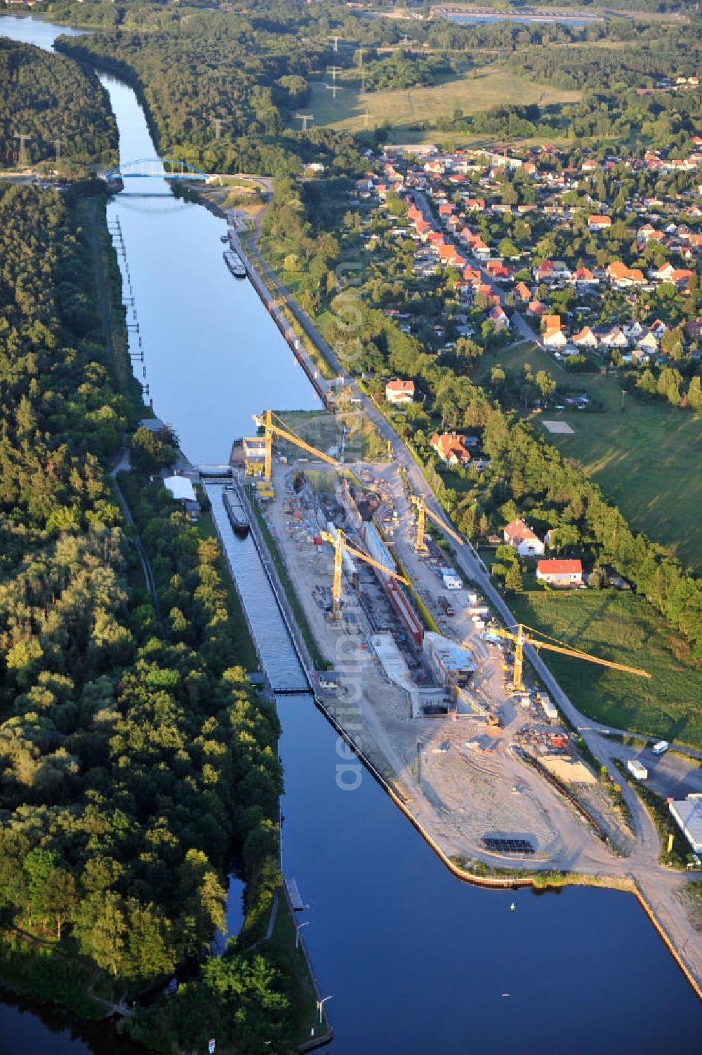 Wusterwitz from above - Blick auf die Erweiterungsbaustelle der Schleuse Wusterwitz am Elbe-Havel-Kanal. Ein Projekt des WSV: Wasserstraßen-Neubauamt Magdeburg, View of the construction site of the expansion lock Wusterwitz.