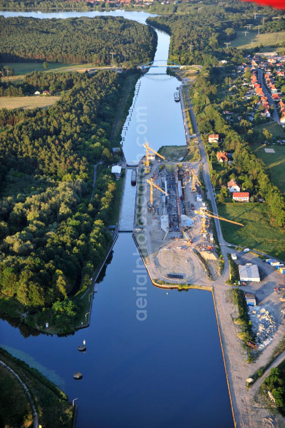 Aerial image Wusterwitz - Blick auf die Erweiterungsbaustelle der Schleuse Wusterwitz am Elbe-Havel-Kanal. Ein Projekt des WSV: Wasserstraßen-Neubauamt Magdeburg, View of the construction site of the expansion lock Wusterwitz.