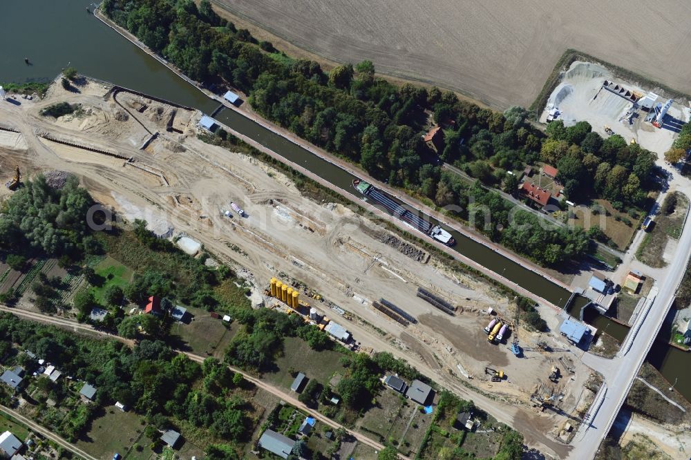 Zerben from the bird's eye view: Construction site at the Zerben lock, bridge and the riverside of the Elbe-Havel-Canel in the state Saxony-Anhalt