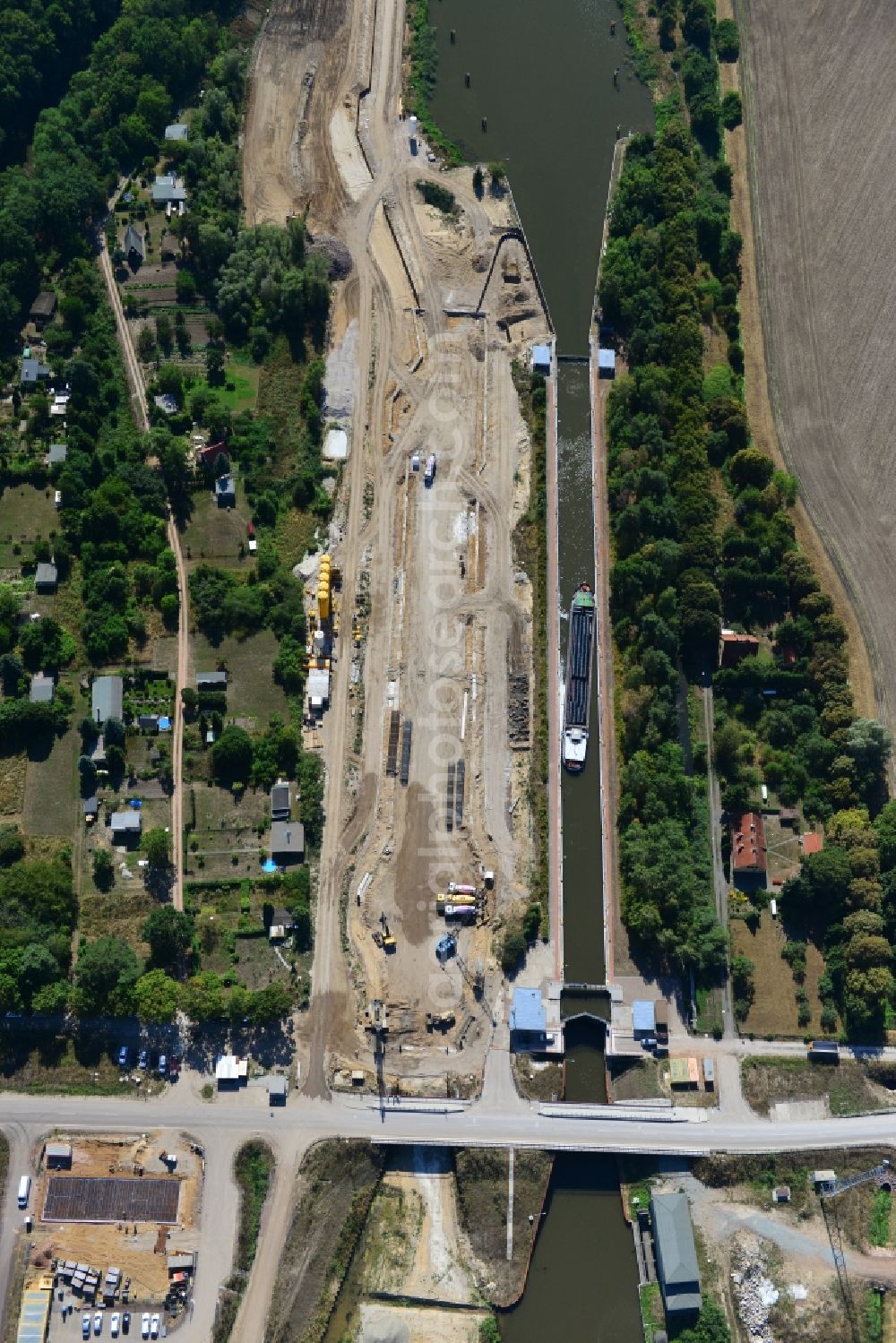 Aerial image Zerben - Construction site at the Zerben lock, bridge and the riverside of the Elbe-Havel-Canel in the state Saxony-Anhalt