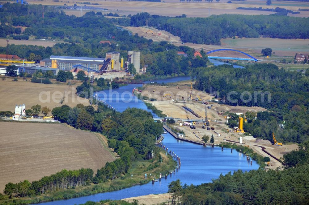 Aerial photograph Zerben - Construction site at the Zerben lock, bridge and the riverside of the Elbe-Havel-Canel in the state Saxony-Anhalt