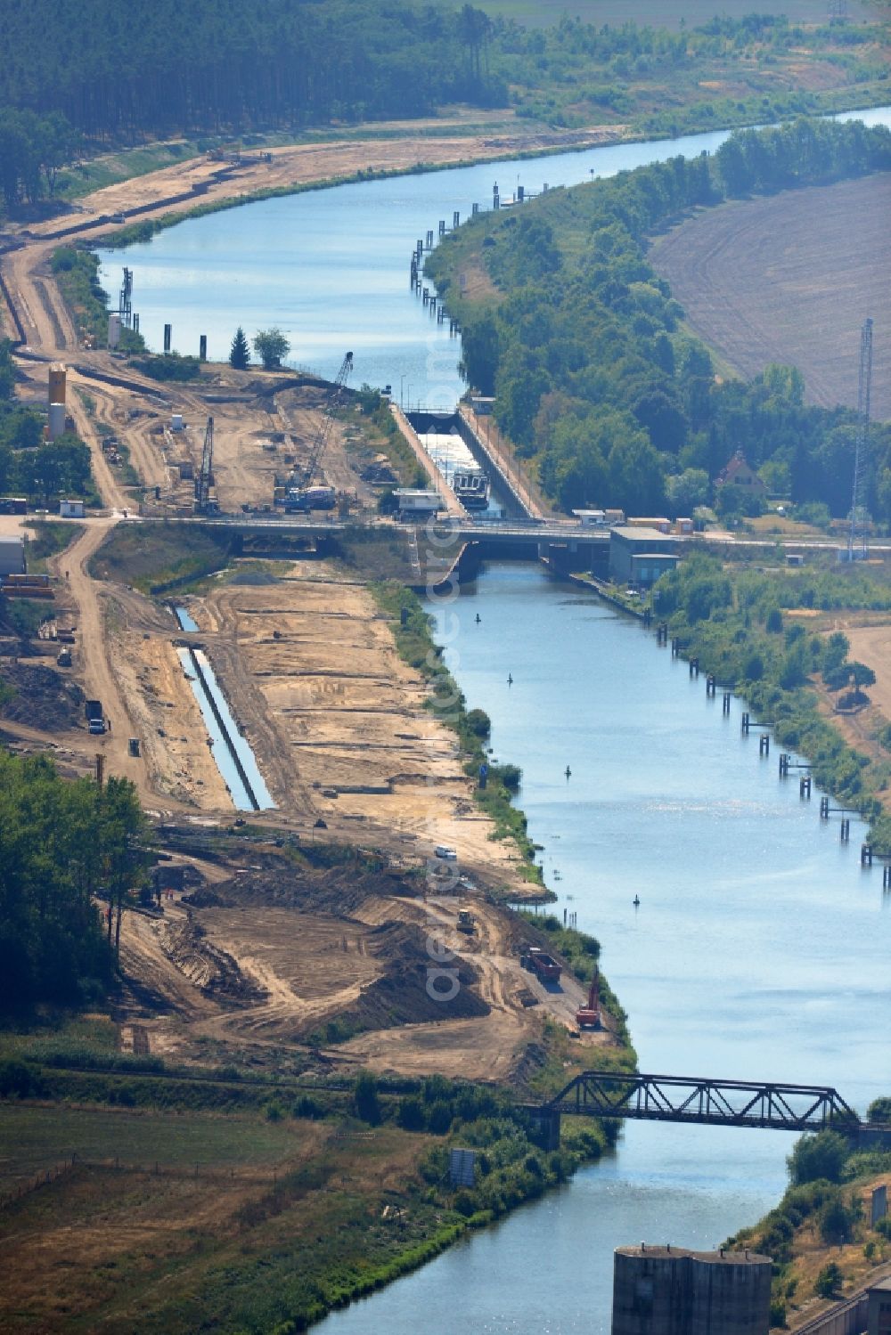 Zerben from above - Construction site at the Zerben lock, bridge and the riverside of the Elbe-Havel-Canel in the state Saxony-Anhalt