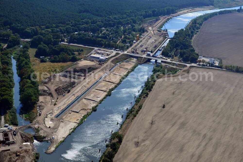 Aerial image Zerben - Construction site at the Zerben lock, bridge and the riverside of the Elbe-Havel-Canel in the state Saxony-Anhalt