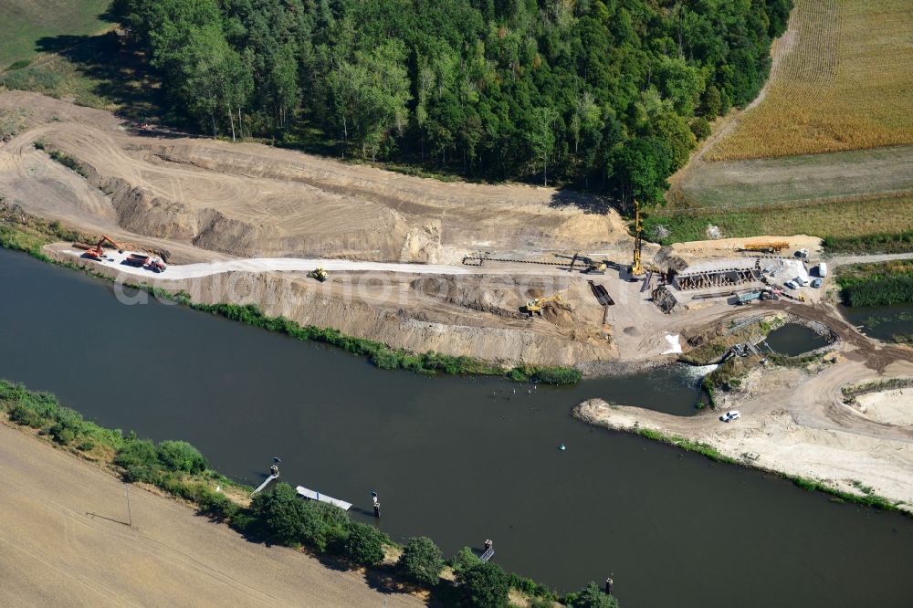 Aerial photograph Zerben - Construction site at the Zerben lock, bridge and the riverside of the Elbe-Havel-Canel in the state Saxony-Anhalt