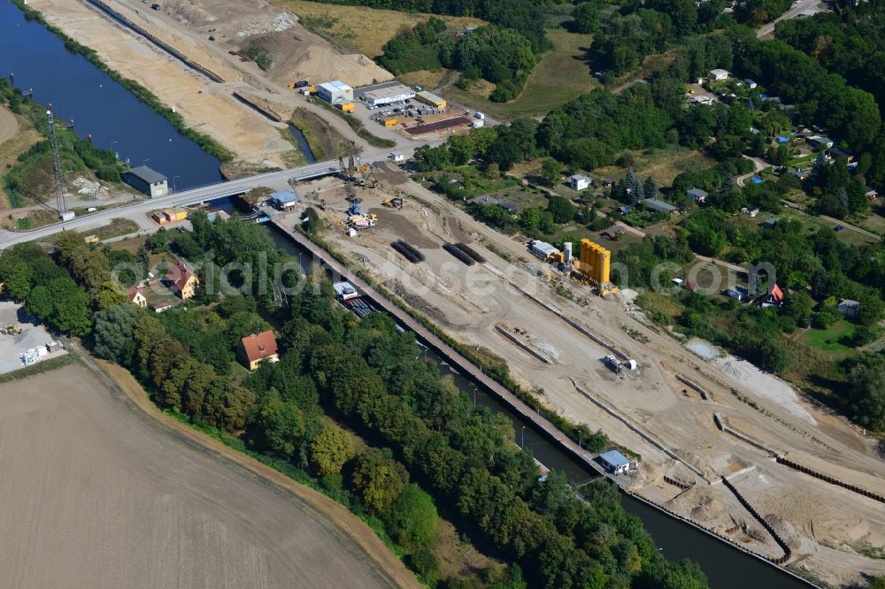 Zerben from above - Construction site at the Zerben lock, bridge and the riverside of the Elbe-Havel-Canel in the state Saxony-Anhalt