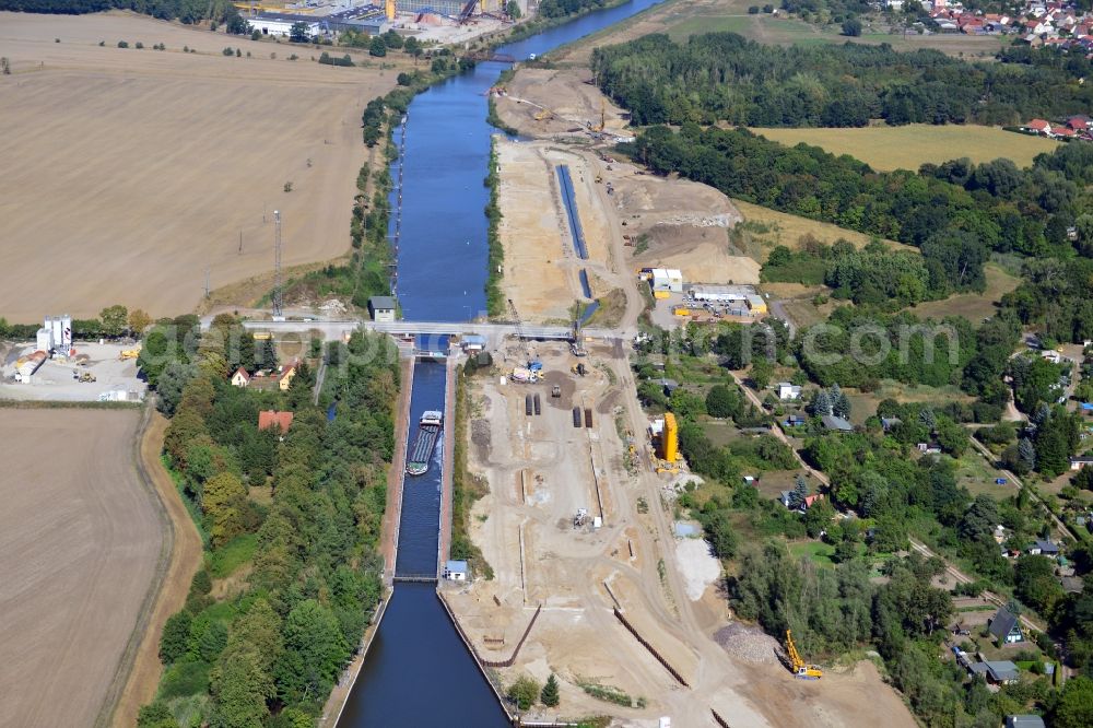 Aerial image Zerben - Construction site at the Zerben lock, bridge and the riverside of the Elbe-Havel-Canel in the state Saxony-Anhalt