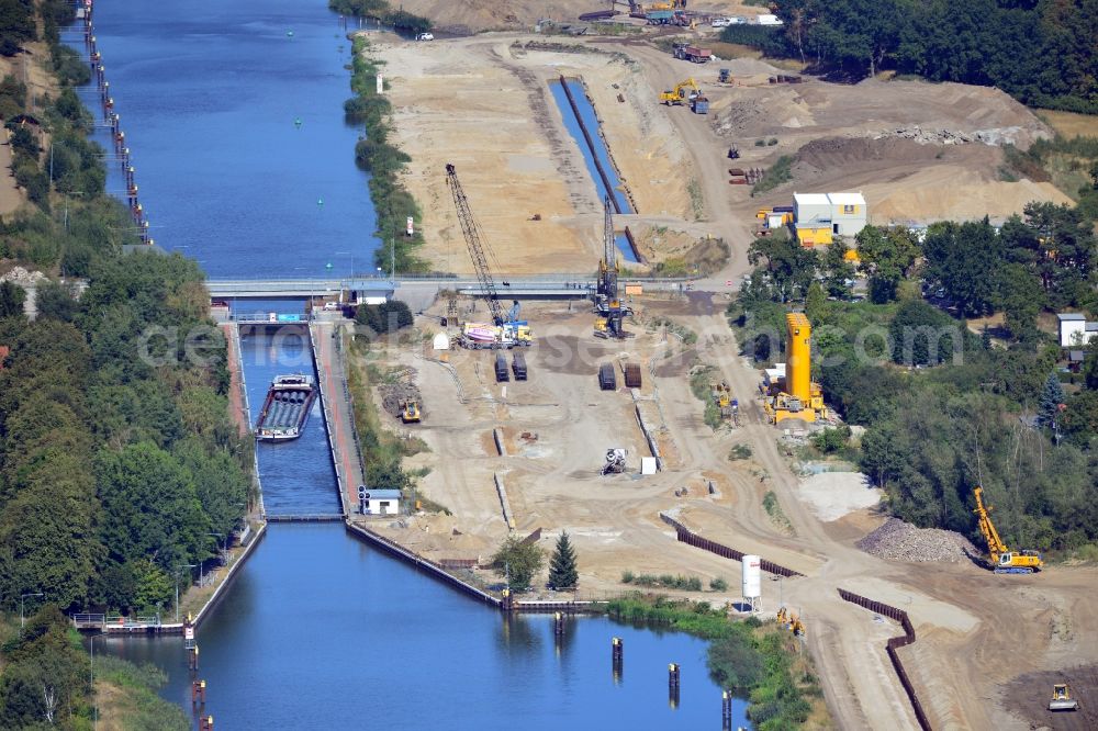 Zerben from above - Construction site at the Zerben lock, bridge and the riverside of the Elbe-Havel-Canel in the state Saxony-Anhalt