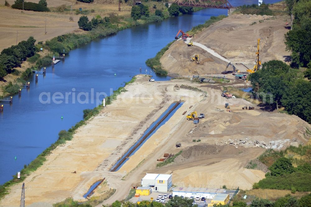 Aerial image Zerben - Construction site at the Zerben lock, bridge and the riverside of the Elbe-Havel-Canel in the state Saxony-Anhalt