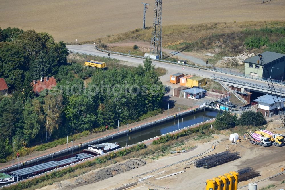 Aerial photograph Zerben - Construction site at the Zerben lock, bridge and the riverside of the Elbe-Havel-Canel in the state Saxony-Anhalt