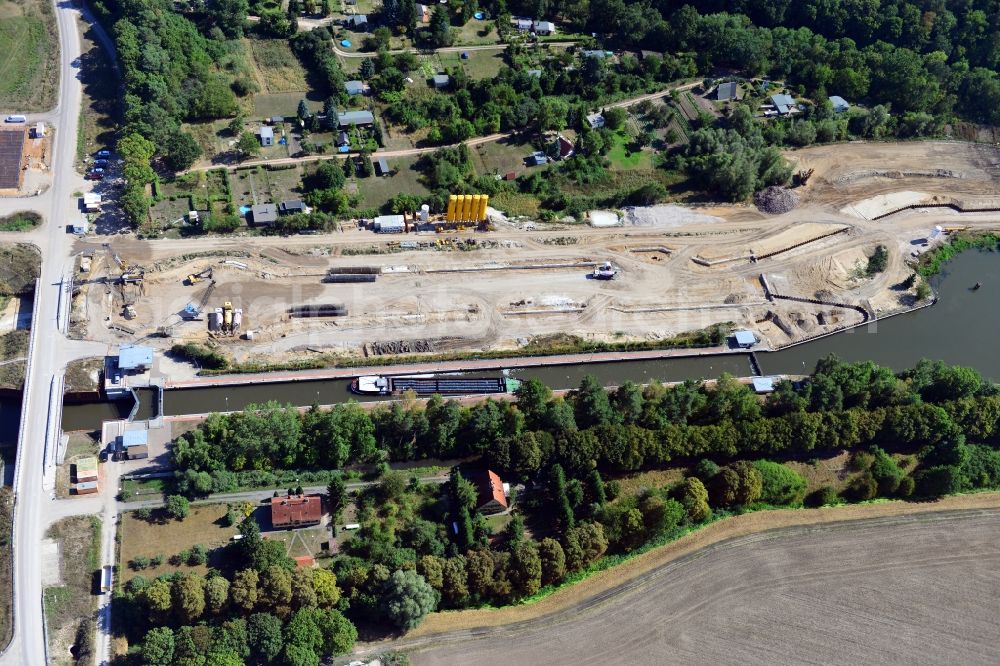 Zerben from above - Construction site at the Zerben lock, bridge and the riverside of the Elbe-Havel-Canel in the state Saxony-Anhalt