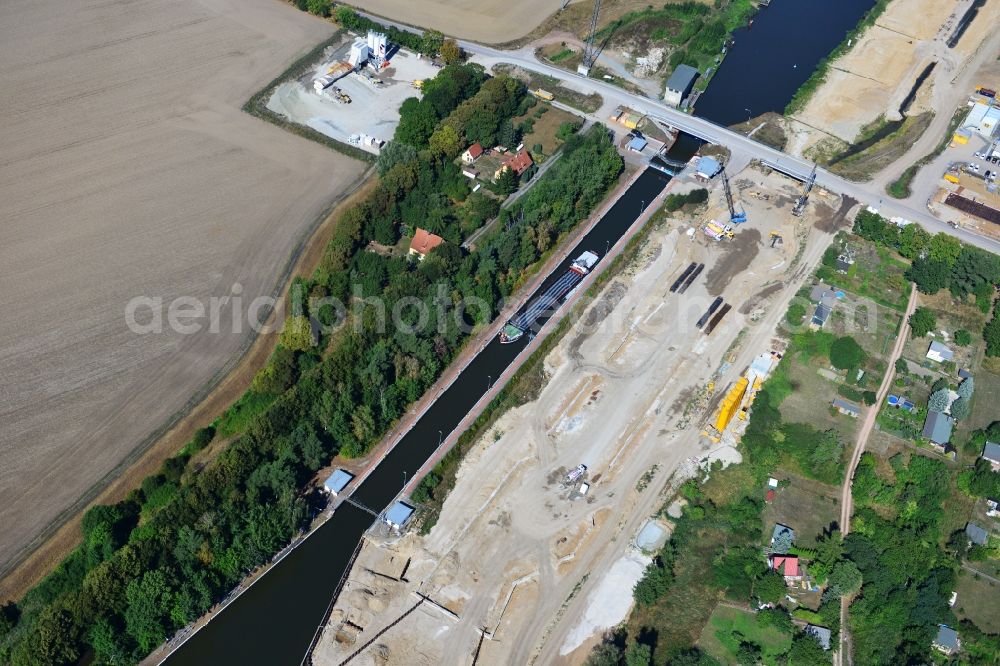 Aerial image Zerben - Construction site at the Zerben lock, bridge and the riverside of the Elbe-Havel-Canel in the state Saxony-Anhalt