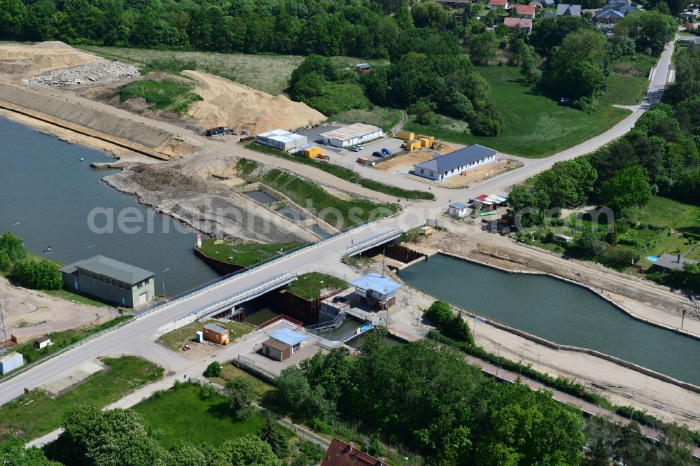 Zerben from above - Construction site at the Zerben lock, bridge and the riverside of the Elbe-Havel-Canel in the state Saxony-Anhalt