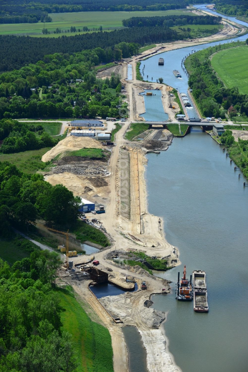 Aerial image Zerben - Construction site at the Zerben lock, bridge and the riverside of the Elbe-Havel-Canel in the state Saxony-Anhalt