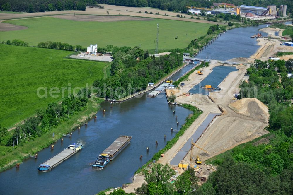 Zerben from above - Construction site at the Zerben lock, bridge and the riverside of the Elbe-Havel-Canel in the state Saxony-Anhalt