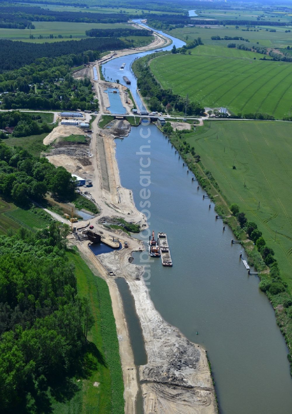 Zerben from above - Construction site at the Zerben lock, bridge and the riverside of the Elbe-Havel-Canel in the state Saxony-Anhalt