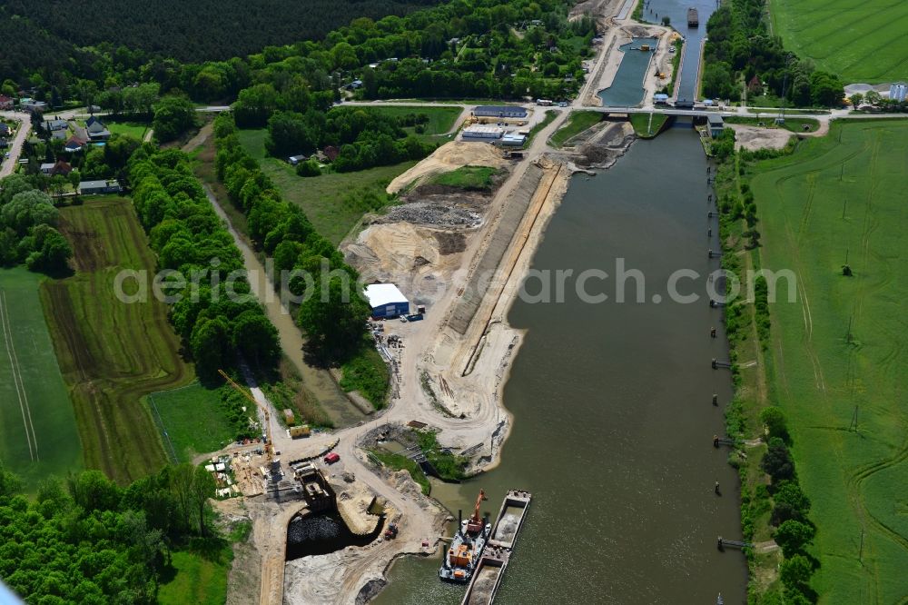 Aerial image Zerben - Construction site at the Zerben lock, bridge and the riverside of the Elbe-Havel-Canel in the state Saxony-Anhalt