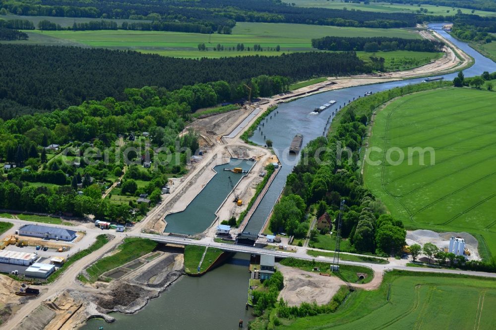 Aerial photograph Zerben - Construction site at the Zerben lock, bridge and the riverside of the Elbe-Havel-Canel in the state Saxony-Anhalt