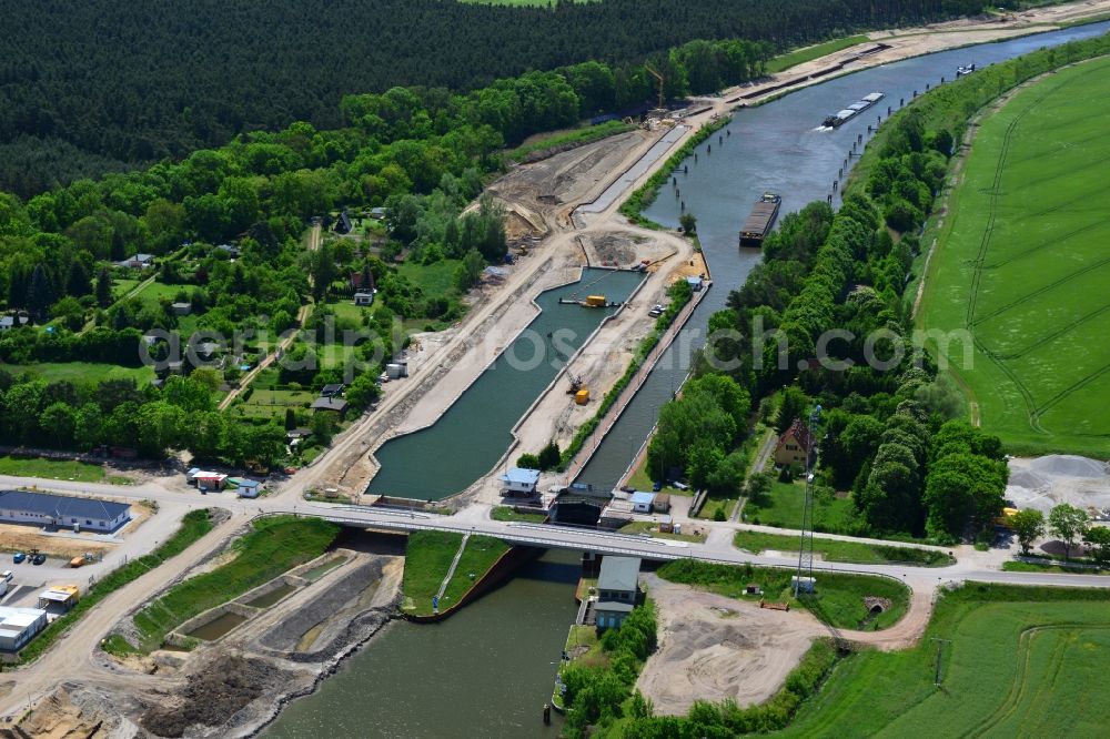 Zerben from above - Construction site at the Zerben lock, bridge and the riverside of the Elbe-Havel-Canel in the state Saxony-Anhalt