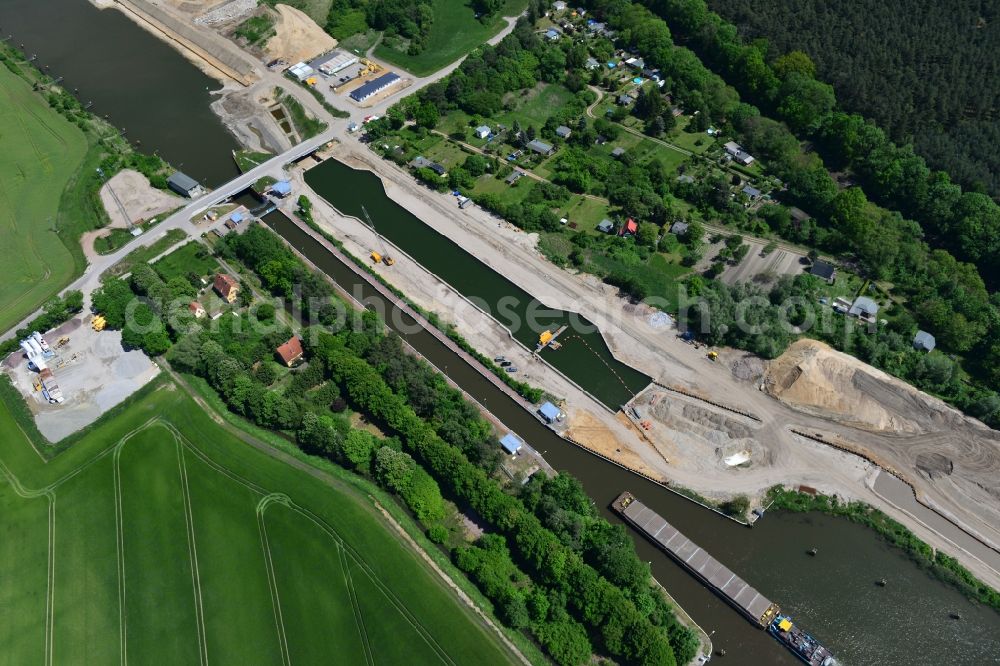 Aerial image Zerben - Construction site at the Zerben lock, bridge and the riverside of the Elbe-Havel-Canel in the state Saxony-Anhalt