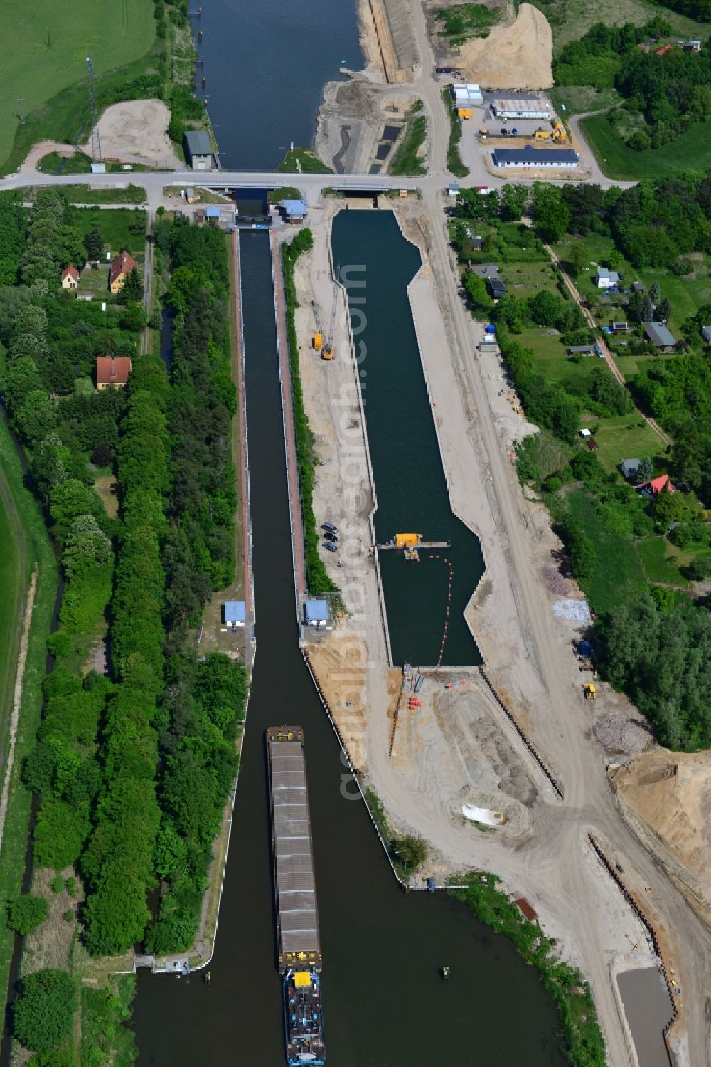 Aerial photograph Zerben - Construction site at the Zerben lock, bridge and the riverside of the Elbe-Havel-Canel in the state Saxony-Anhalt