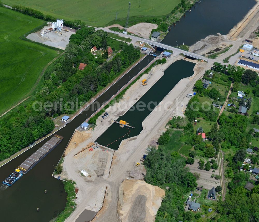 Zerben from above - Construction site at the Zerben lock, bridge and the riverside of the Elbe-Havel-Canel in the state Saxony-Anhalt