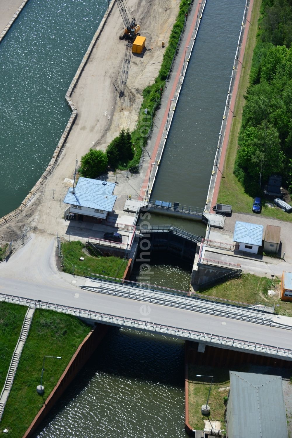 Aerial image Zerben - Construction site at the Zerben lock, bridge and the riverside of the Elbe-Havel-Canel in the state Saxony-Anhalt