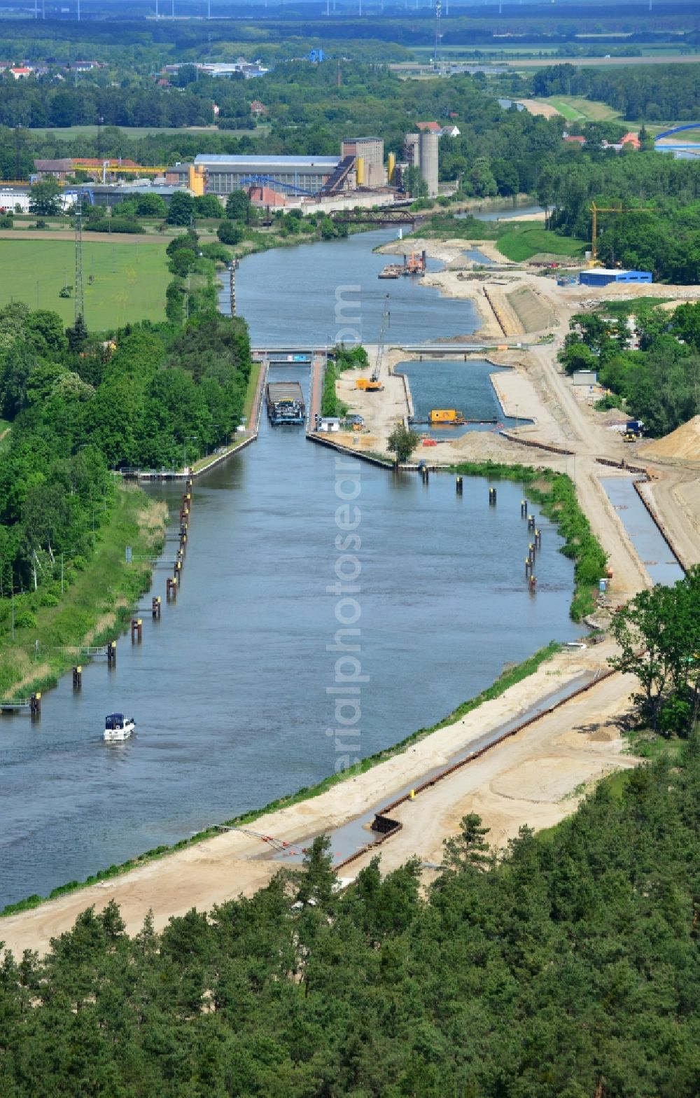 Zerben from above - Construction site at the Zerben lock, bridge and the riverside of the Elbe-Havel-Canel in the state Saxony-Anhalt