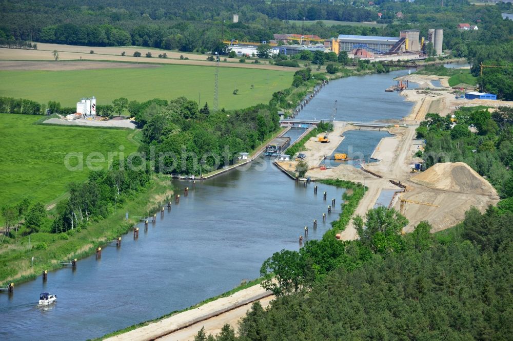 Zerben from the bird's eye view: Construction site at the Zerben lock, bridge and the riverside of the Elbe-Havel-Canel in the state Saxony-Anhalt