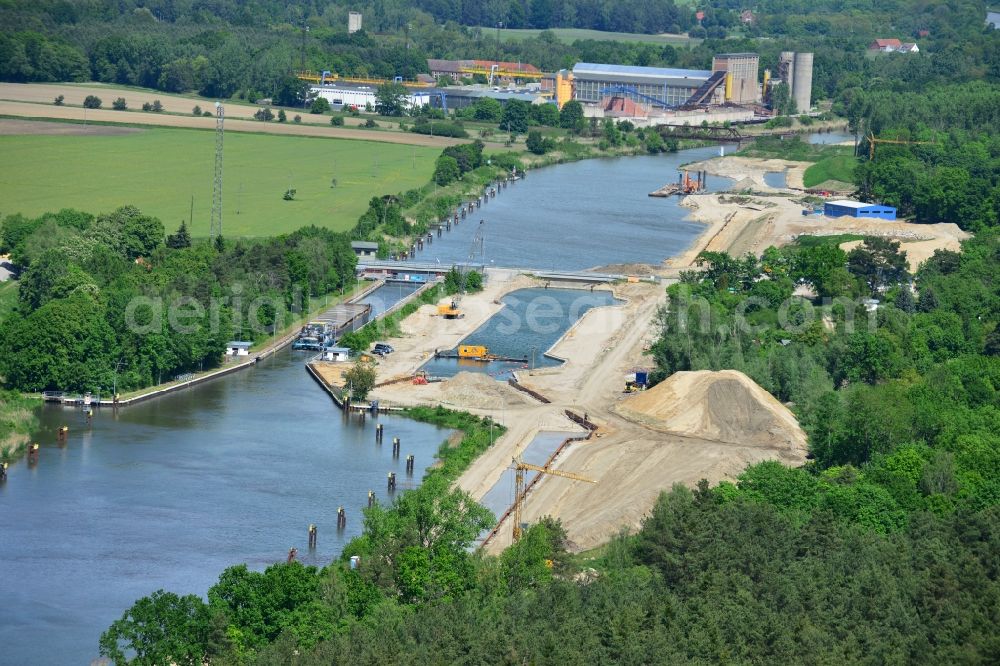 Aerial image Zerben - Construction site at the Zerben lock, bridge and the riverside of the Elbe-Havel-Canel in the state Saxony-Anhalt