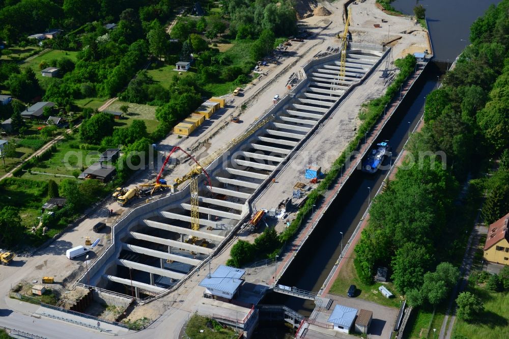 Aerial image Zerben, Elbe-Parey - Construction site at the Zerben sluice, bridge and the riverside of the Elbe-Havel-Canel in the state Saxony-Anhalt