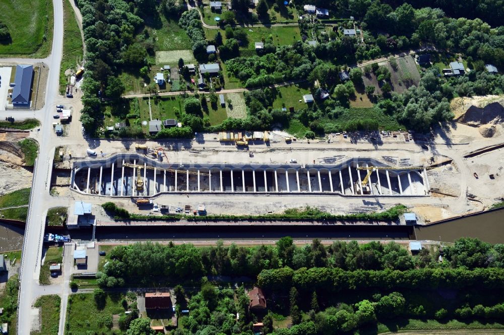 Aerial photograph Zerben, Elbe-Parey - Construction site at the Zerben sluice, bridge and the riverside of the Elbe-Havel-Canel in the state Saxony-Anhalt