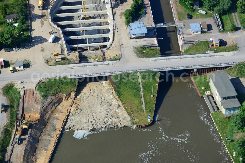 Aerial image Zerben, Elbe-Parey - Construction site at the Zerben sluice, bridge and the riverside of the Elbe-Havel-Canel in the state Saxony-Anhalt