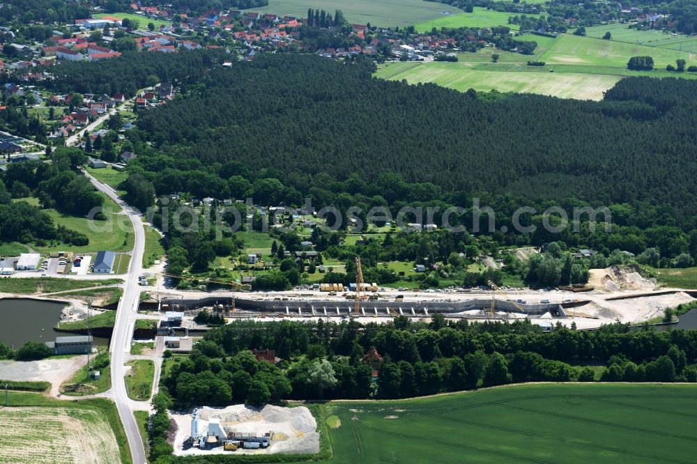 Zerben Elbe-Parey from above - Construction site at the Zerben sluice, bridge and the riverside of the Elbe-Havel-Canel in the state Saxony-Anhalt