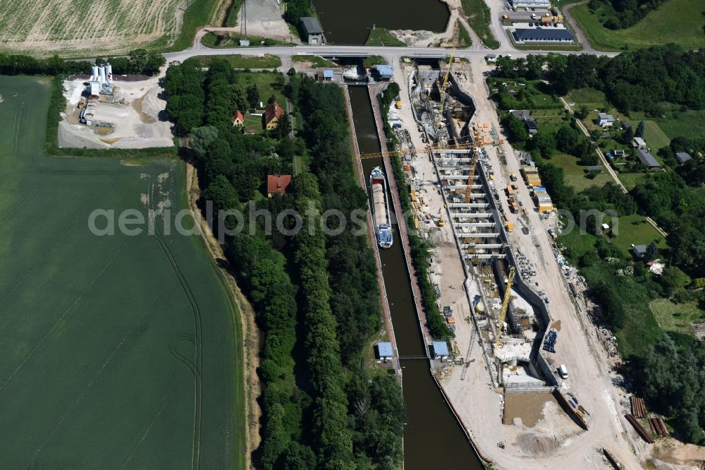 Zerben Elbe-Parey from the bird's eye view: Construction site at the Zerben sluice, bridge and the riverside of the Elbe-Havel-Canel in the state Saxony-Anhalt