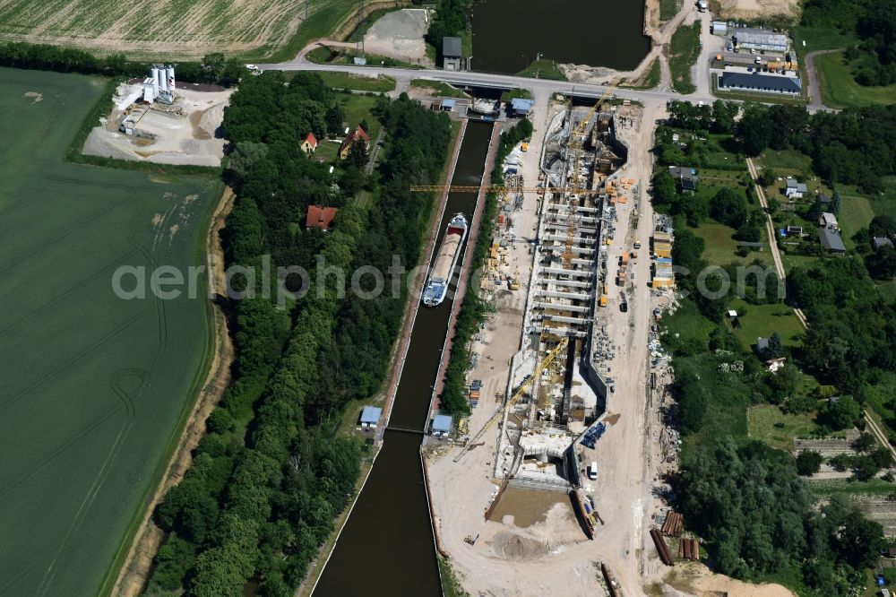 Aerial image Zerben Elbe-Parey - Construction site at the Zerben sluice, bridge and the riverside of the Elbe-Havel-Canel in the state Saxony-Anhalt