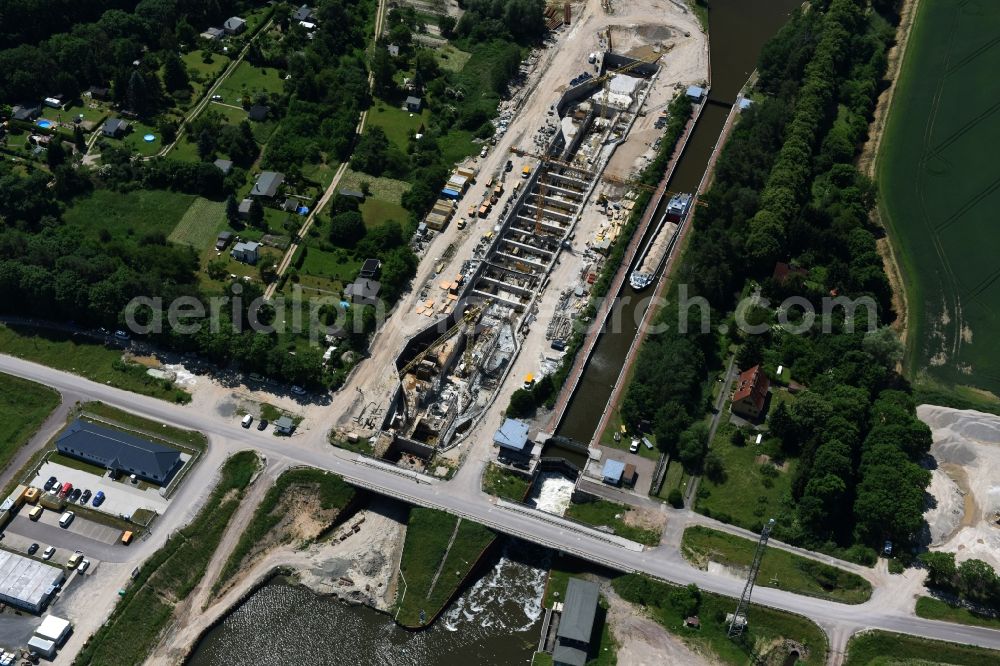 Aerial image Zerben Elbe-Parey - Construction site at the Zerben sluice, bridge and the riverside of the Elbe-Havel-Canel in the state Saxony-Anhalt