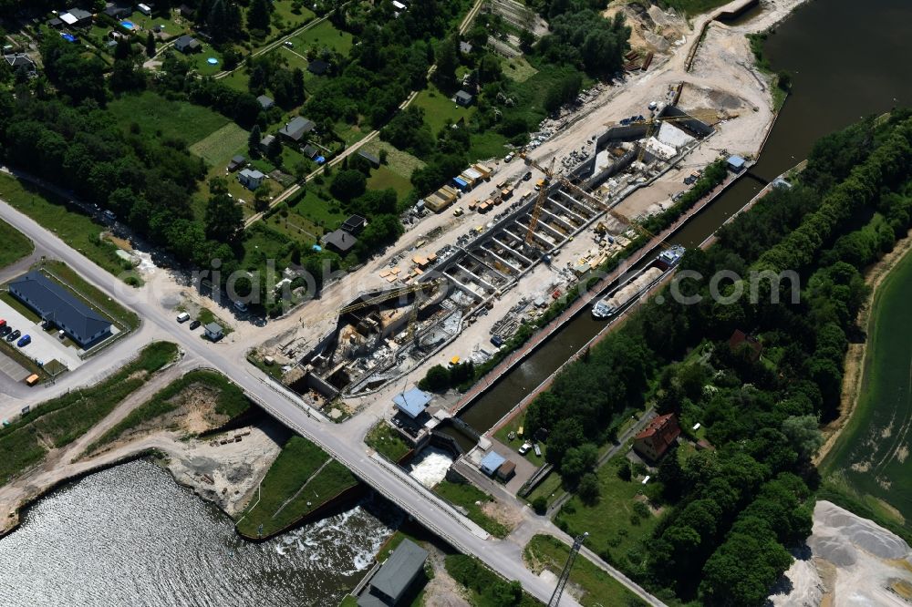 Aerial photograph Zerben Elbe-Parey - Construction site at the Zerben sluice, bridge and the riverside of the Elbe-Havel-Canel in the state Saxony-Anhalt