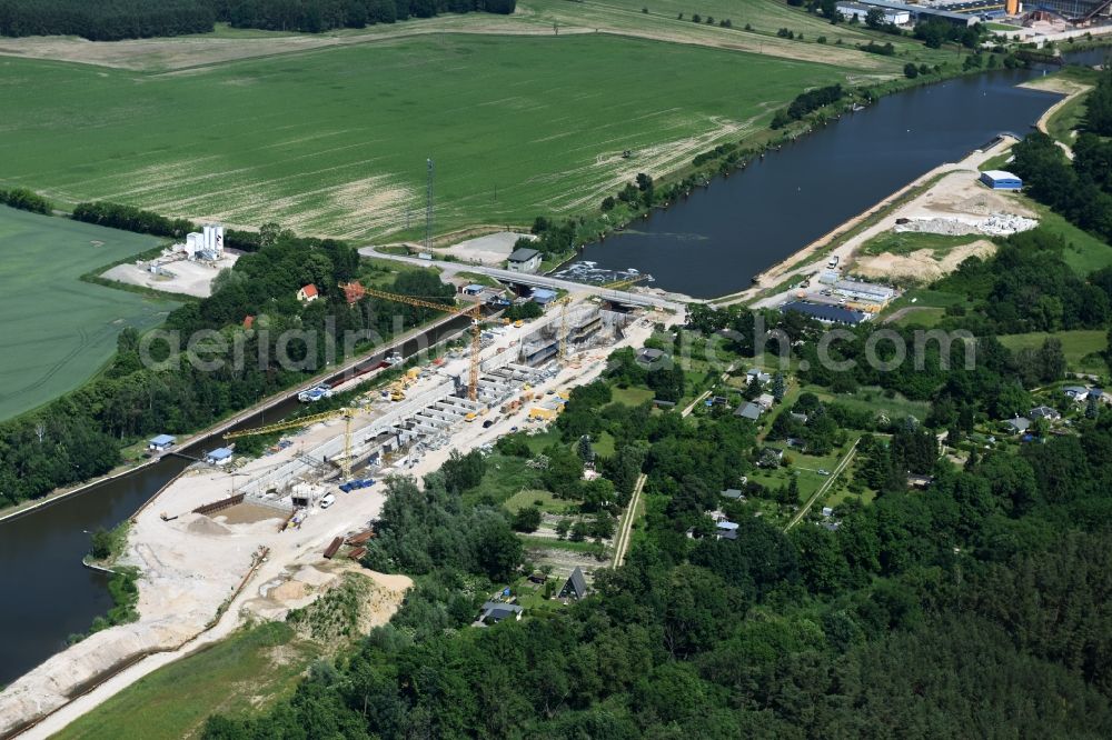 Zerben Elbe-Parey from above - Construction site at the Zerben sluice, bridge and the riverside of the Elbe-Havel-Canel in the state Saxony-Anhalt