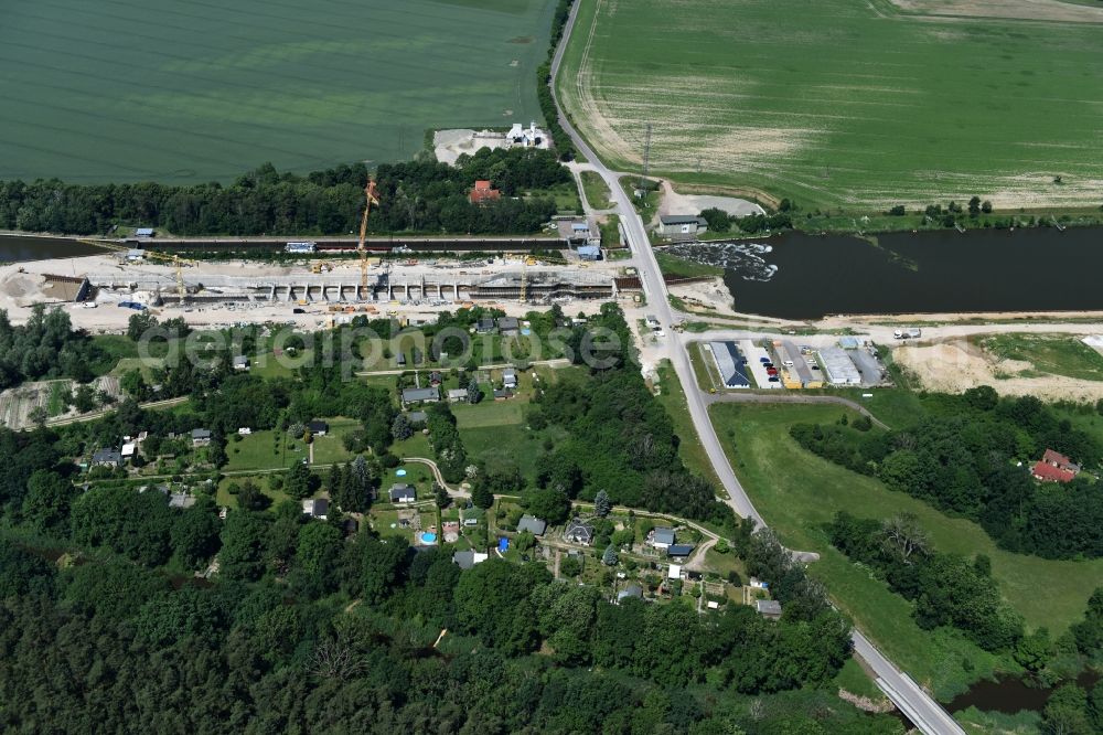 Zerben Elbe-Parey from the bird's eye view: Construction site at the Zerben sluice, bridge and the riverside of the Elbe-Havel-Canel in the state Saxony-Anhalt