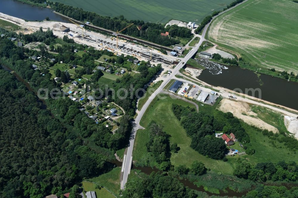 Aerial image Zerben Elbe-Parey - Construction site at the Zerben sluice, bridge and the riverside of the Elbe-Havel-Canel in the state Saxony-Anhalt