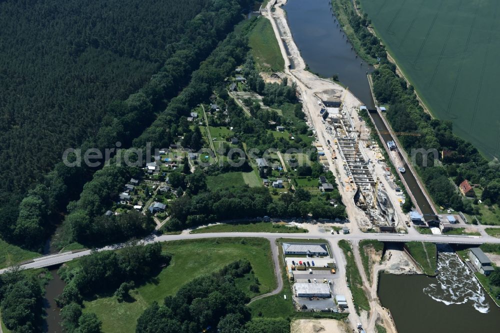 Aerial photograph Zerben Elbe-Parey - Construction site at the Zerben sluice, bridge and the riverside of the Elbe-Havel-Canel in the state Saxony-Anhalt