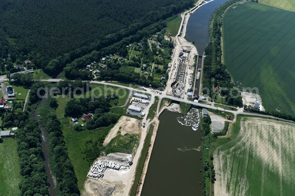 Zerben Elbe-Parey from above - Construction site at the Zerben sluice, bridge and the riverside of the Elbe-Havel-Canel in the state Saxony-Anhalt