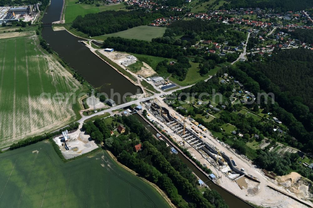 Aerial image Elbe-Parey - Construction site at the Zerben sluice, bridge and the weir at the riverside of the Elbe-Havel-Canel in the state Saxony-Anhalt