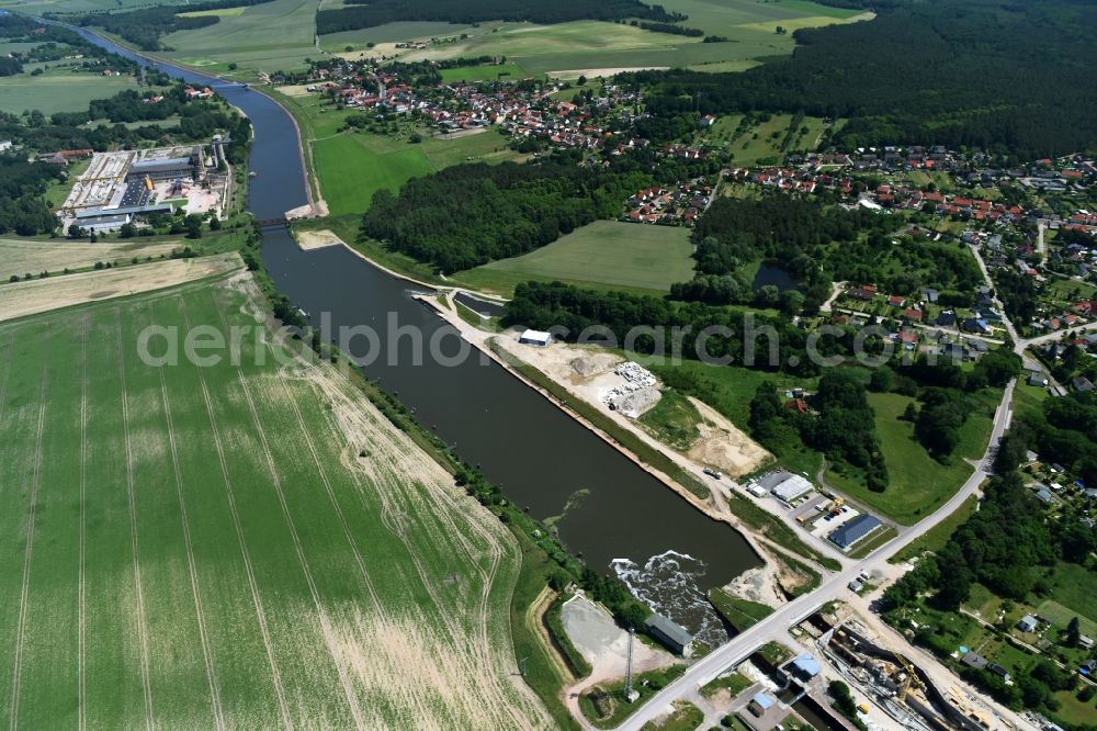 Elbe-Parey from above - Construction site at the Zerben sluice, bridge and the weir at the riverside of the Elbe-Havel-Canel in the state Saxony-Anhalt